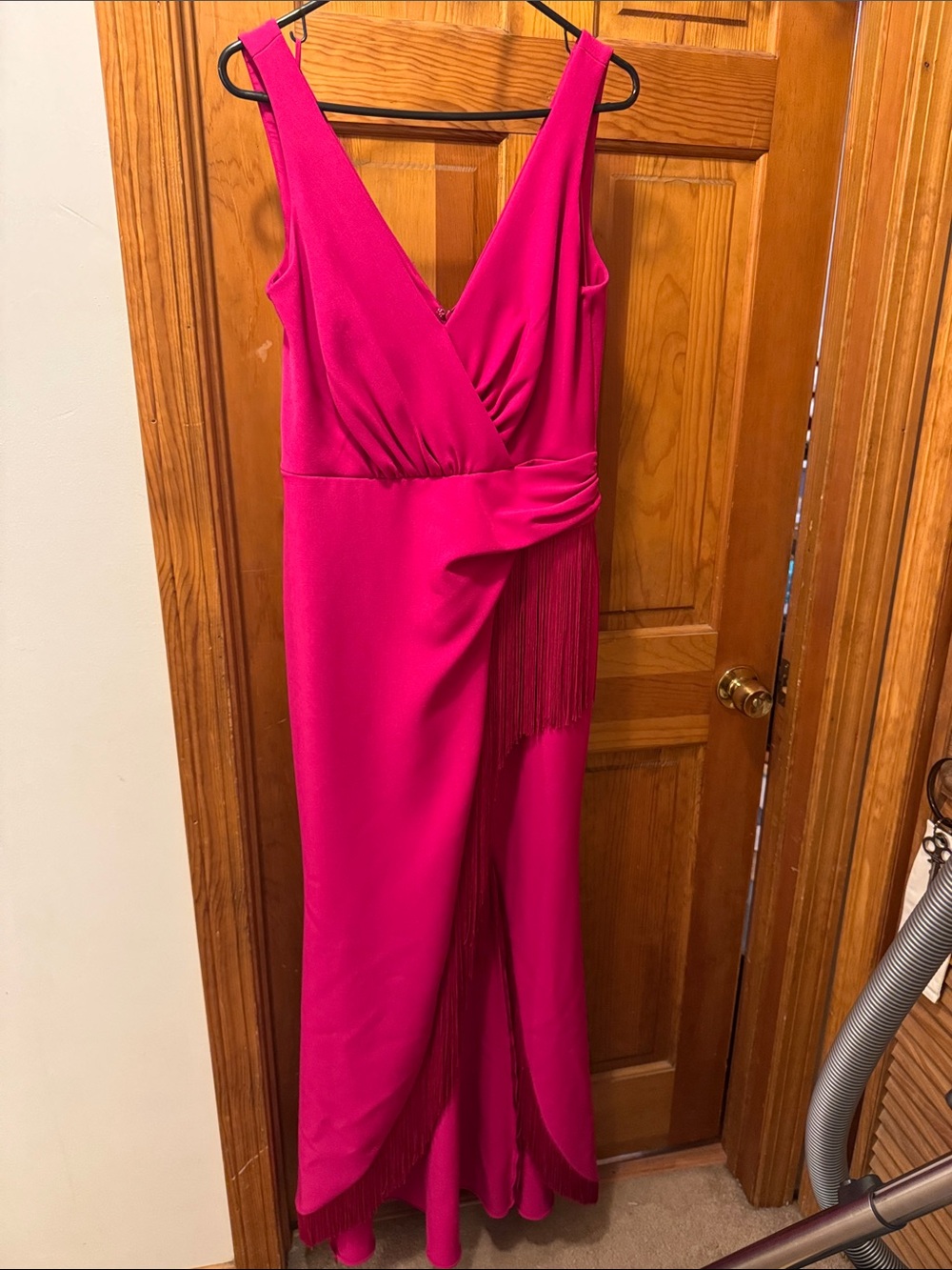 Badgley Mischka Hot Pink Fringe-Trim Maxi Dress size 10